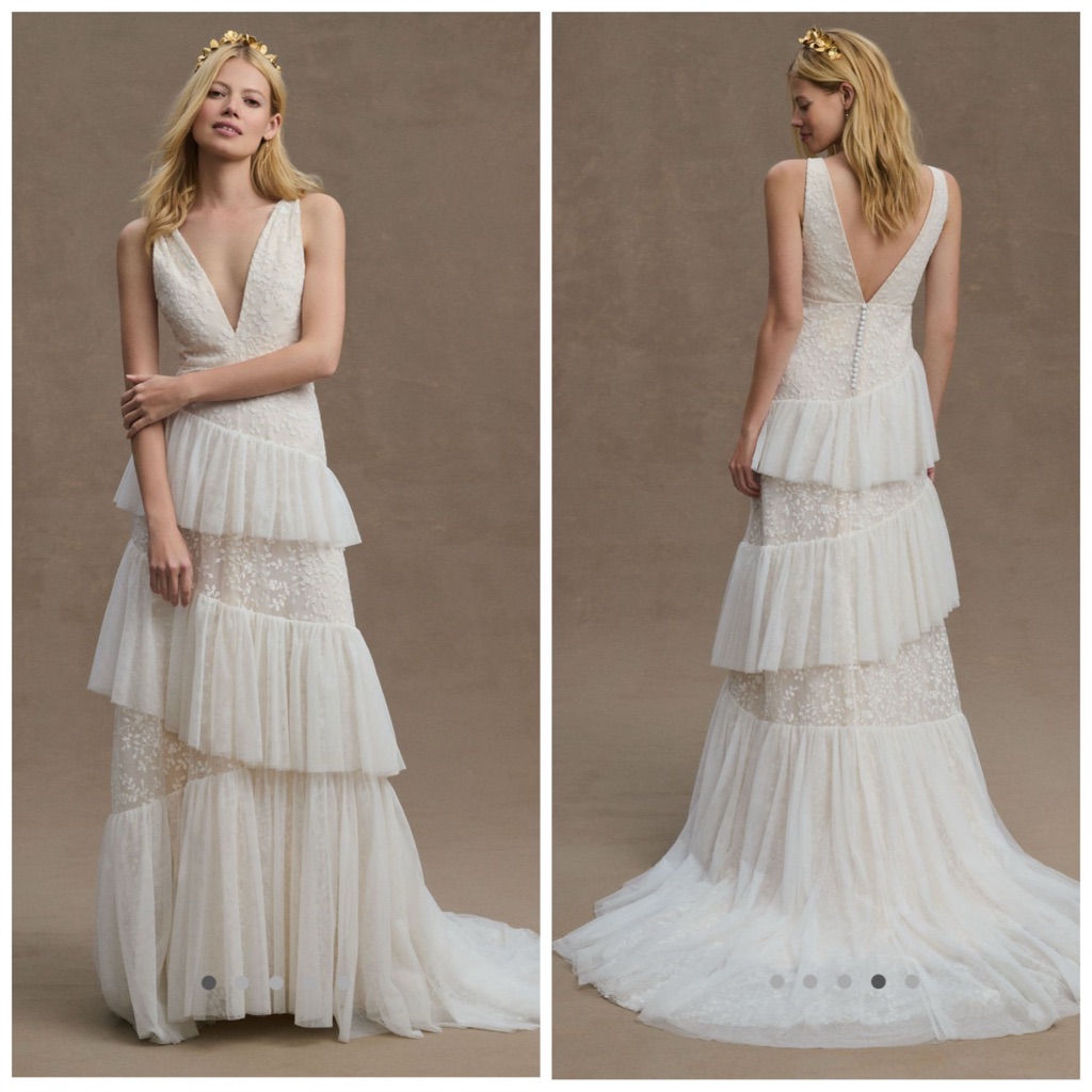 Anthropologie Bhldn Otto V Neck Tiered Tulle Wedding Gown Ivory White Sz 10
